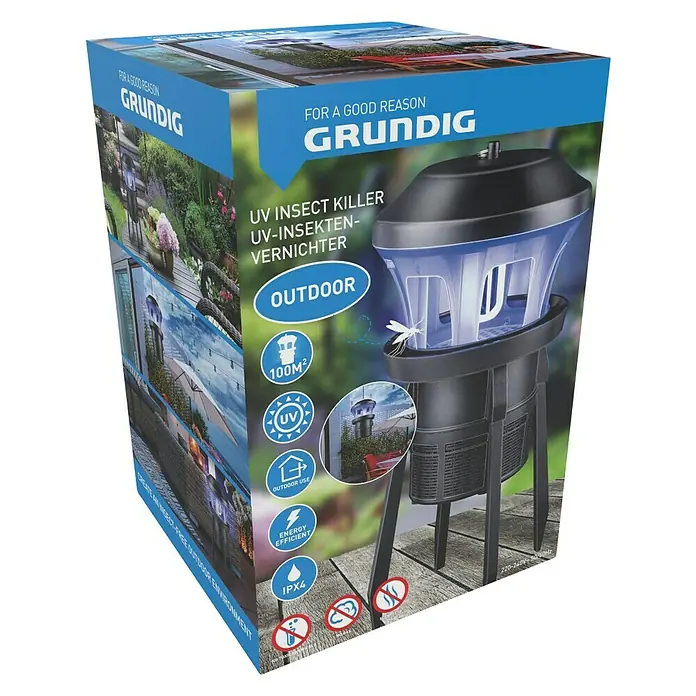 Farolillo antimosquitos LED para exterior - 7 W, Negro - Imagen del embalaje de un matainsectos UV Grundig para uso exterior, prometiendo un control eficaz de insectos.