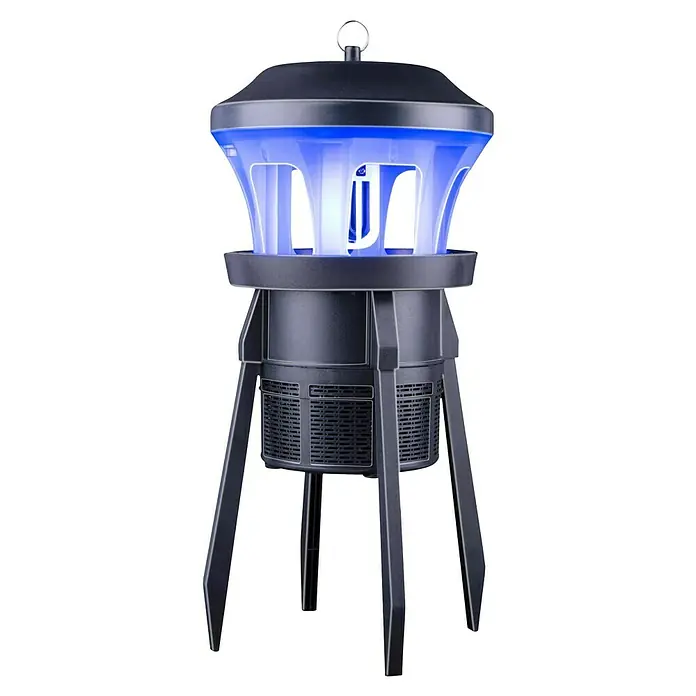 Farolillo antimosquitos LED para exterior - 7 W, Negro - Un atrapamoscas azul con un anillo metálico en la parte superior, sobre un fondo negro.