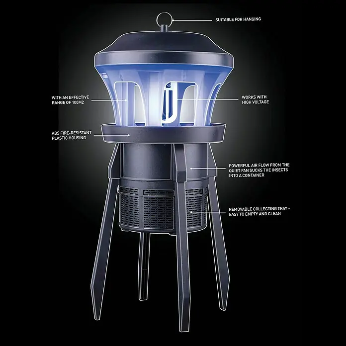 Farolillo antimosquitos LED para exterior - 7 W, Negro - Esta imagen muestra un matamoscas con luz ultravioleta que atrae a los insectos y un ventilador los aspira a un recipiente.