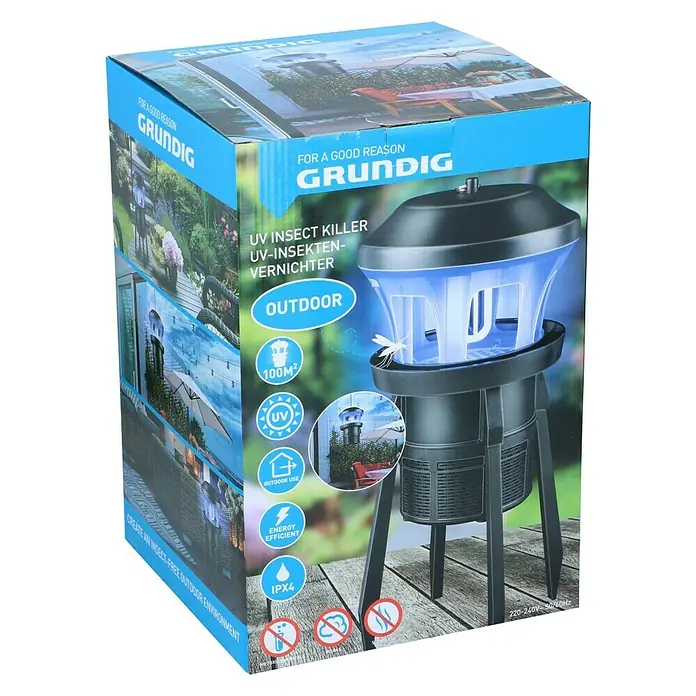 Farolillo antimosquitos LED para exterior - 7 W, Negro - Embalaje de un matamoscas UV Grundig para uso exterior. Control eficaz de insectos con luz UV para un ambiente libre de insectos.