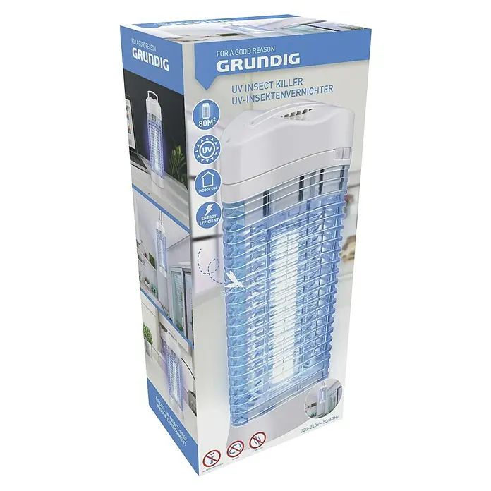 Farolillo antimosquitos LED - 12 W, Blanco - Imagen de un embalaje de "Insecticida UV Grundig" para control de insectos en interiores con tecnología UV de bajo consumo.