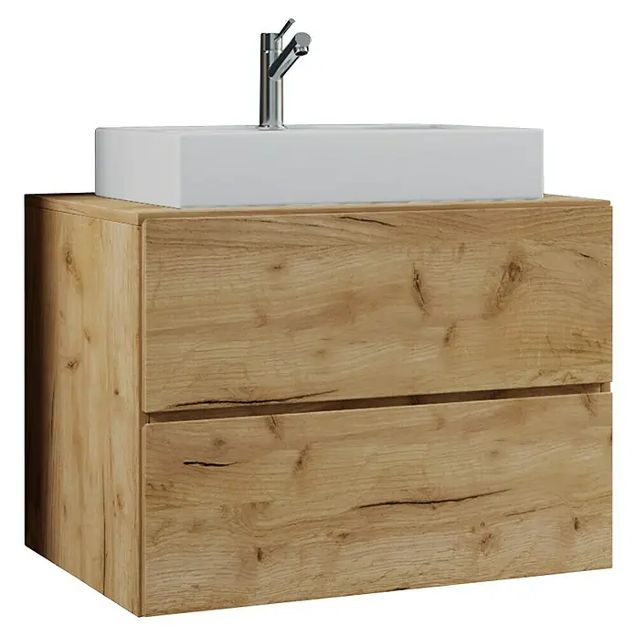 VCM Lendas Badmöbel-Set - 81 cm, Honig-Eiche - Ein Waschtischunterschrank mit zwei Schubladen und einem Aufsatzwaschbecken. Die Holzoptik verleiht dem Badmöbel eine warme Ausstrahlung.