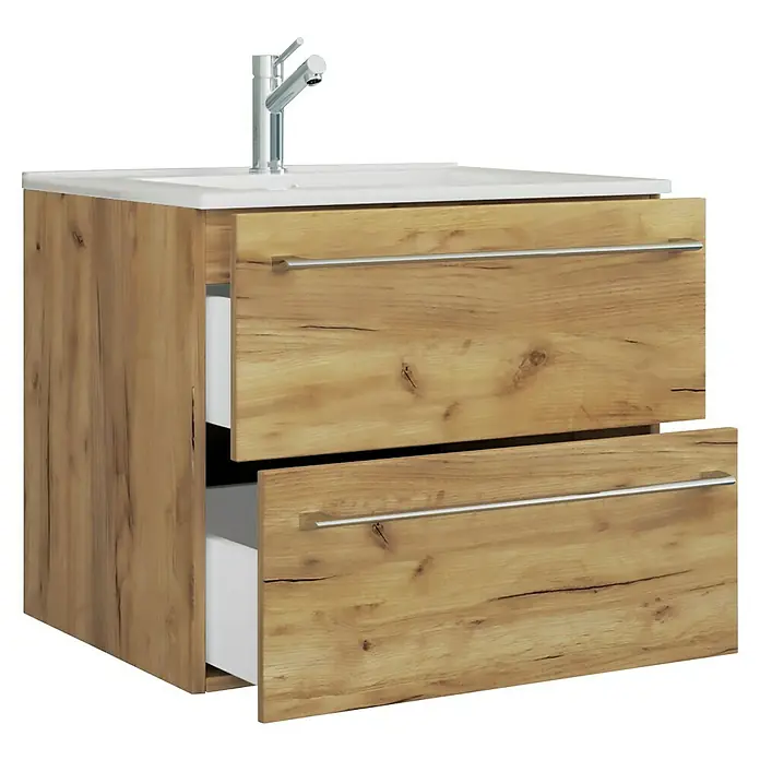 VCM Badinos Badmöbel-Set - 61 cm, Honig-Eiche, 2 -tlg. - Badezimmermöbel mit Waschbecken und zwei Schubladen in Holzoptik.