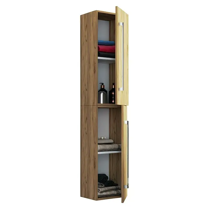 VCM Badinos Hochschrank - 33 x 22 x 150 cm, Honig-Eiche - Ein hochformatiger Badezimmerschrank in Holzoptik mit offenen Türen und diversen Badutensilien ist auf dem Bild zu sehen.