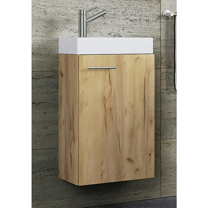 VCM Badmöbel-Set SlitoGesamtbreite Badmöbel: 40,5 cm, Honig-Eiche, Matt, 2 -tlg. - Modernes Badezimmer-Waschbecken mit hellem Holzunterschrank und weißem Aufsatzbecken. Die Armatur ist aus gebürstetem Stahl.