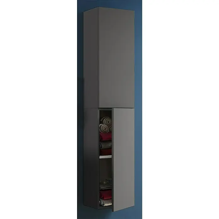 VCM Lendas Hochschrank - 33 x 22 x 150 cm, Anthrazit - Ein grauer Badezimmerschrank mit zwei Fächern, wobei die untere Tür geöffnet ist und gefaltete Handtücher zeigt.