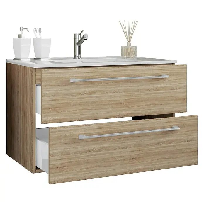 VCM Badinos Badmöbel-Set - 81 cm, Sonoma-Eiche, 2 -tlg. - Modernes Badezimmer-Waschbeckenunterschrank mit zwei Schubladen und weißem Aufsatzwaschbecken. Zeitloses Design für Ihr Badezimmer.