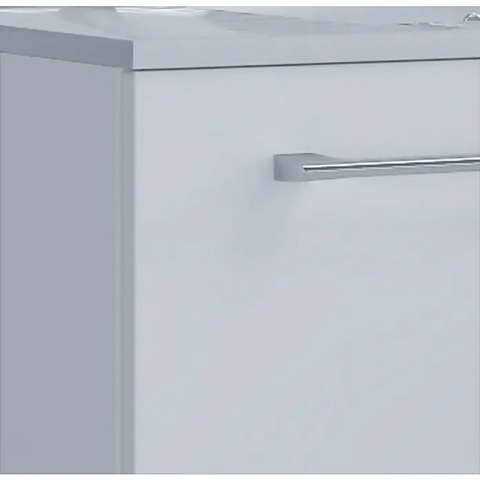 VCM Badinos Badmöbel-Set - 81 cm, Weiß, 2 -tlg. - Nahaufnahme eines weißen Waschtischunterschranks mit einem eleganten, horizontalen Griff. Das schlichte Design passt perfekt in moderne Badezimmer.