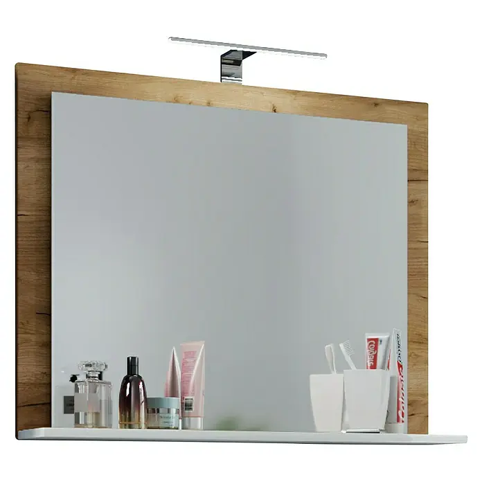 VCM Lendas Ablagespiegel - 60 x 17 x 55 cm, Honig-Eiche/Weiß - Ein stilvoller Badezimmerspiegel mit Holzrahmen, Regal und Beleuchtung für eine moderne Badgestaltung.