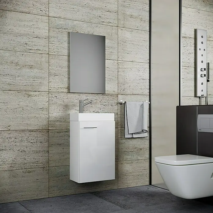 VCM Badmöbel-Set Slito - Gesamtbreite Badmöbel: 41 cm, Weiß, Glänzend, 3 -tlg. - Das Bild zeigt ein modernes Badezimmer mit einem weißen Waschtisch und einem passenden Spiegel an der Wand.