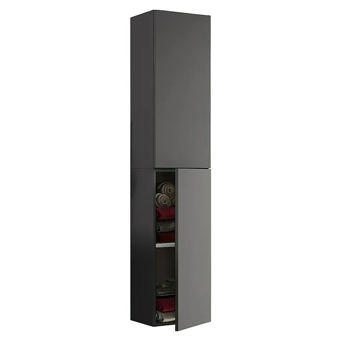 VCM Lendas Hochschrank - 33 x 22 x 150 cm, Anthrazit - Ein grauer Badezimmerschrank mit zwei Abschnitten, wobei der untere Abschnitt teilweise mit gefalteten Handtüchern gefüllt ist.