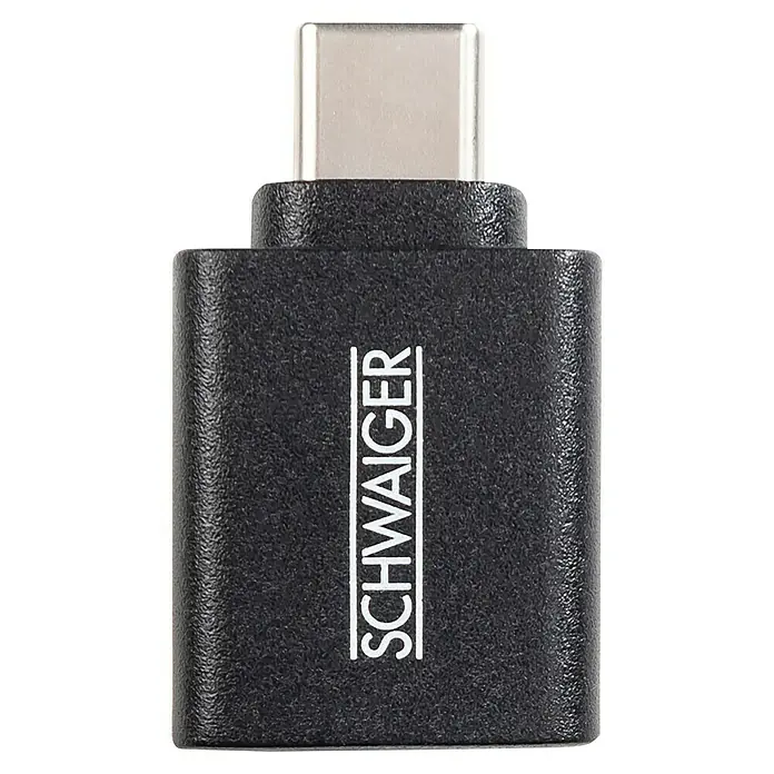 Schwaiger USB-Adapter 3.1 - Schwarz, USB C-Stecker - Nahaufnahme eines schwarzen Schwaiger USB-Adapters mit USB-C-Anschluss, der Konnektivität und moderne Technologie vereint.