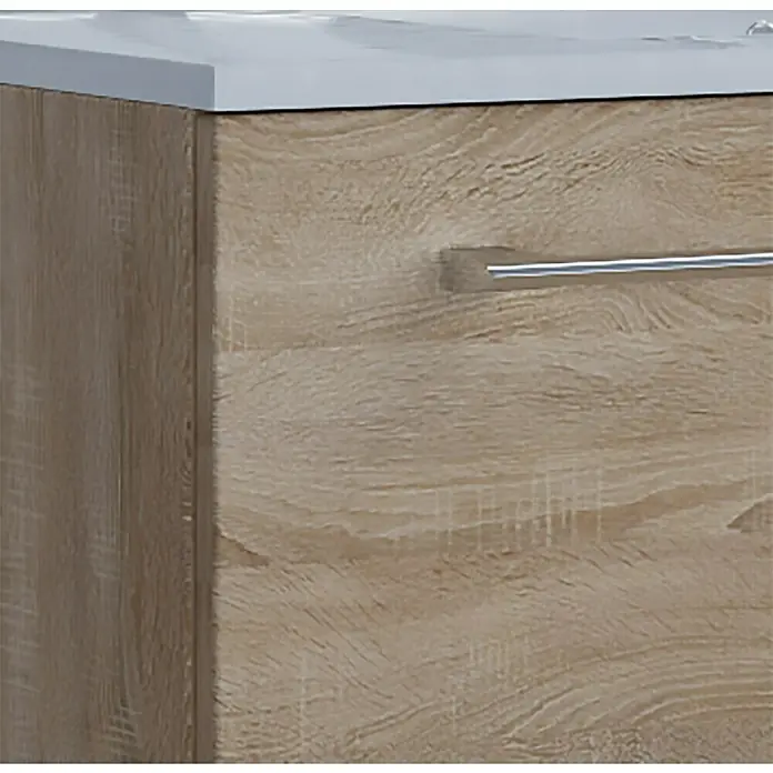 VCM Badinos Badmöbel-Set - 61 cm, Sonoma-Eiche, 2 -tlg. - Detailaufnahme eines Badezimmerschranks mit hellem Holzfurnier und einem modernen, silberfarbenen Griff. Die Oberfläche ist weiß und glänzend.