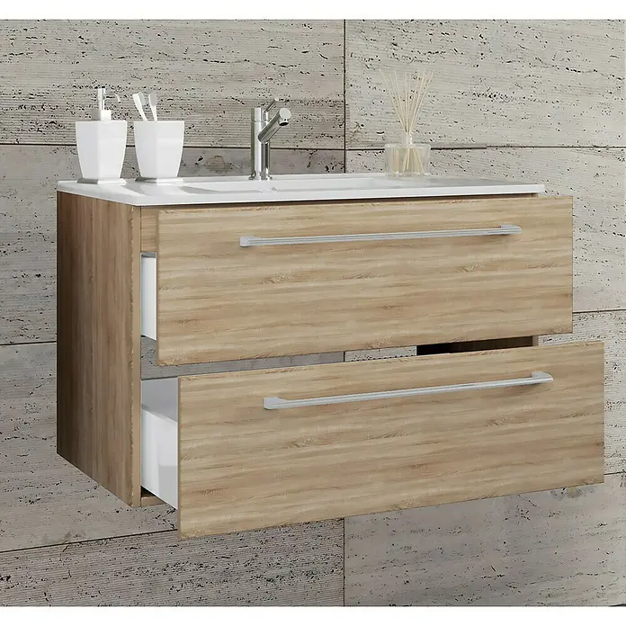 VCM Badinos Badmöbel-Set81 cm, Sonoma-Eiche, 2 -tlg. - Ein moderner Waschtischunterschrank mit zwei Schubladen in Holzoptik und weißen Akzenten. Perfekt für jedes Badezimmer.