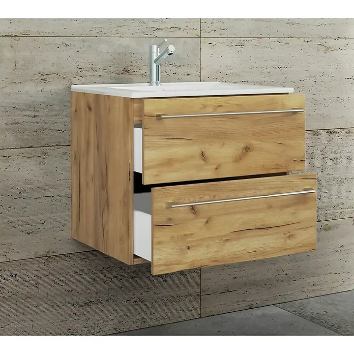 VCM Badinos Badmöbel-Set - 61 cm, Honig-Eiche, 2 -tlg. - Modernes Holz Waschbeckenunterschrank mit zwei Schubladen und einem Waschbecken. Elegantes Badezimmermöbel für stilvolle Badezimmergestaltung.
