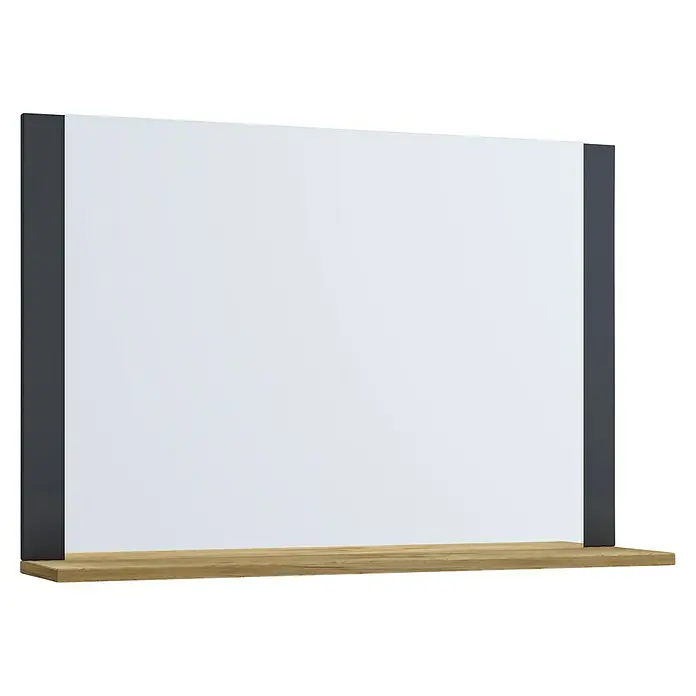 VCM Lendas Ablagespiegel - 80 x 17 x 55 cm, Anthrazit/Honig-Eiche - Ein stilvolles Wandpaneel mit einer weißen Fläche, gehalten von grauen Seitenstützen und einer hölzernen Ablagefläche. Perfekt für moderne Interieurs.