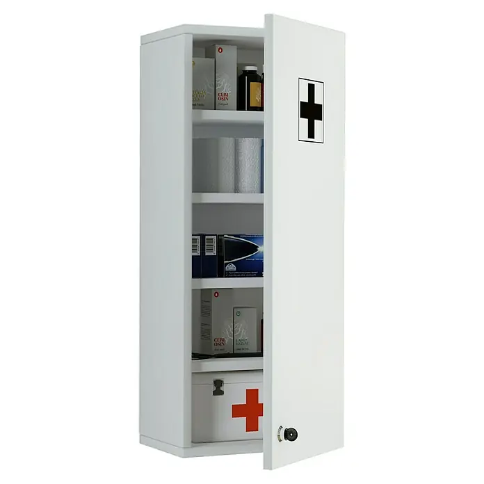 VCM Medizinschrank Medasa - L x B x H: 20 x 29 x 70 cm, Weiß - Erste-Hilfe-Schrank mit geöffneter Tür, gefüllt mit Medikamenten. Das weiße Gehäuse ist mit einem schwarzen Kreuz auf der Tür versehen.