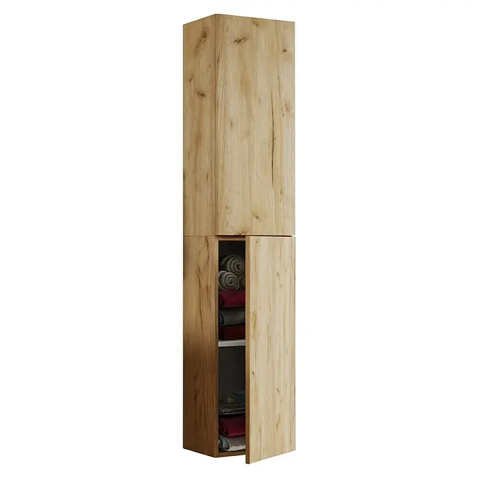 VCM Lendas Hochschrank - 33 x 22 x 150 cm, Honig-Eiche - Hochformatige Aufnahme eines Holzschranks mit offener Tür, der Textilien zeigt. Ideal für Badezimmer oder ähnliche Räume.