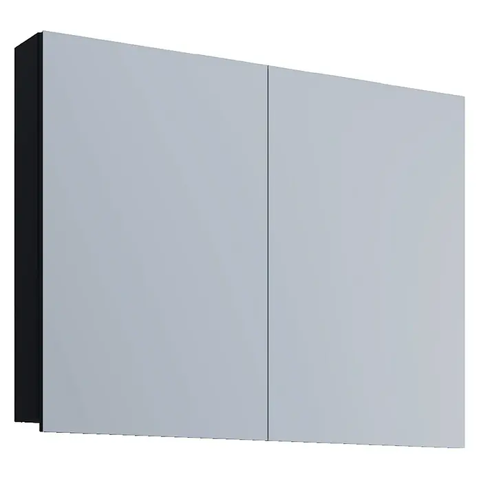 VCM Badinos Spiegelschrank - B x H: 80 x 59,2 cm, Ohne Beleuchtung, Holz, Schwarz - Aufnahme eines modernen Badezimmerspiegelschranks mit doppelten Türen und einem schlichten, eleganten Design vor einem neutralen Hintergrund.