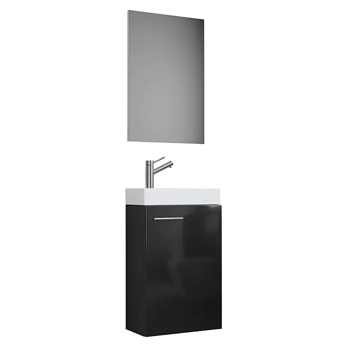 VCM Badmöbel-Set Slito - Gesamtbreite Badmöbel: 41 cm, Schwarz, Glänzend, 3 -tlg. - Modernes Badezimmer-Waschbecken mit Spiegel. Das Waschbecken hat eine glänzende schwarze Schublade und eine Armatur aus Chrom.