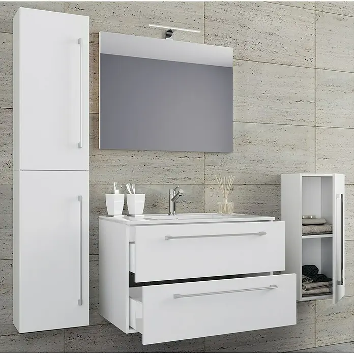 VCM Badinos Badmöbel-Set60 cm, Weiß, 5 -tlg. - Modernes Badezimmer-Set mit weißem Waschtischunterschrank, Spiegelschrank und Hochschrank für ein stilvolles Badambiente.