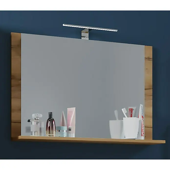 VCM Lendas Ablagespiegel - 80 x 17 x 55 cm, Honig-Eiche - Ein stilvoller Badezimmerspiegel mit Holzrahmen und integrierter Beleuchtung. Praktische Ablage für Kosmetikprodukte und Zahnpflegeartikel.
