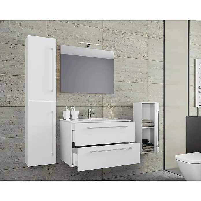 VCM Badinos Badmöbel-Set60 cm, Weiß, 5 -tlg. - Badezimmer-Interieur mit weißem Waschtischunterschrank, Spiegelschrank und Hochschrank für ein modernes Ambiente.