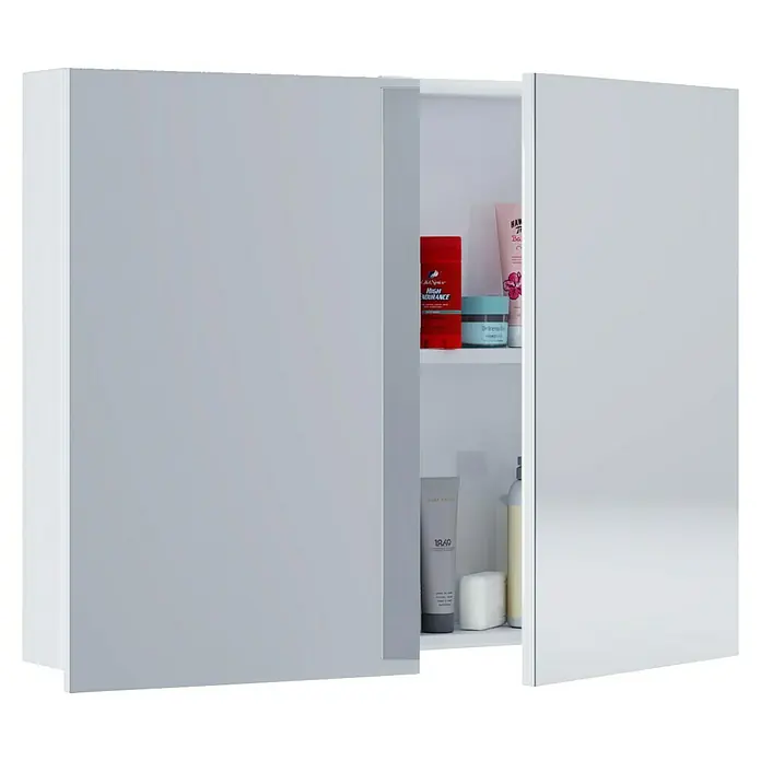 VCM Badinos Spiegelschrank - B x H: 60 x 59,2 cm, Ohne Beleuchtung, Holz, Weiß - Ein moderner Badezimmerschrank in Weiß mit teilweise geöffneten Spiegeltüren, der Innenregale und Pflegeprodukte zeigt.