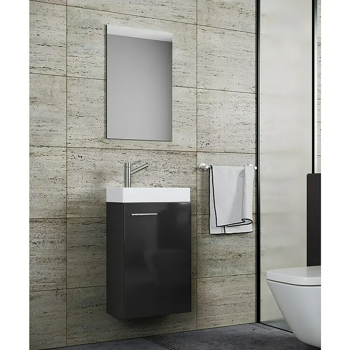 VCM Badmöbel-Set Slito - Gesamtbreite Badmöbel: 41 cm, Schwarz, Glänzend, 3 -tlg. - Das Bild zeigt ein modernes Badezimmer mit einem grauen Unterschrankwaschtisch, einem Spiegel und einem Handtuchhalter.