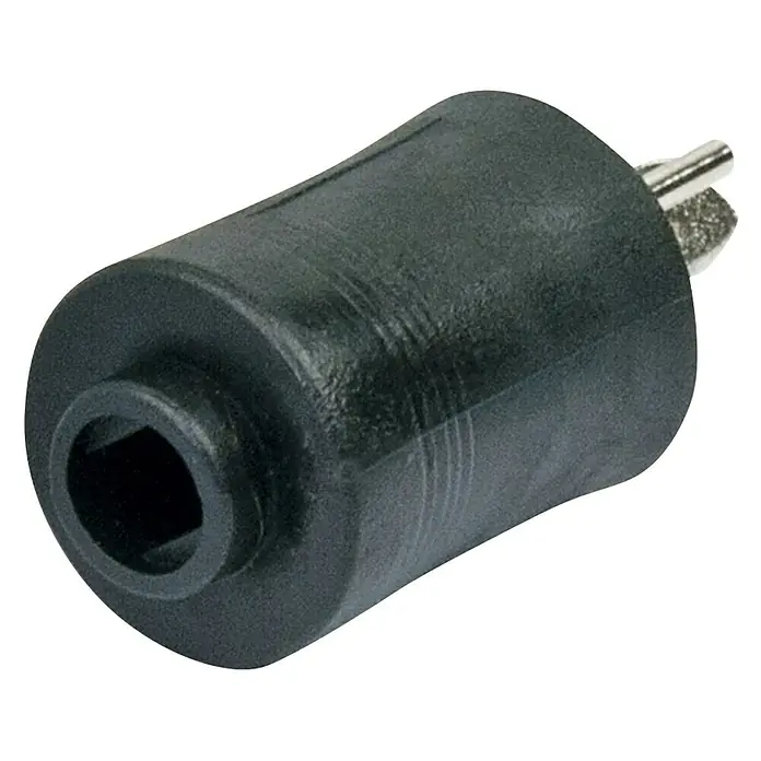 Schwaiger Lautsprecherstecker - Schwarz, 2 Stk. - Nahaufnahme eines schwarzen, zylindrischen Adapters mit einem sechseckigen Loch und einem kleinen Metallstift.