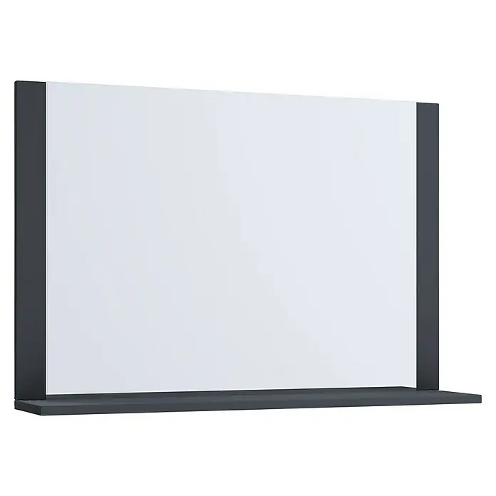 VCM Lendas Ablagespiegel - 80 x 17 x 55 cm, Anthrazit - Nahaufnahme eines quadratischen Spiegels mit dunklem Rahmen und Regal, der ein modernes und funktionales Design aufweist.