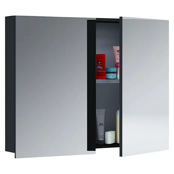 VCM Badinos Spiegelschrank - B x H: 80 x 59,2 cm, Ohne Beleuchtung, Holz, Schwarz - Ein Badezimmerschrank mit Spiegeltüren, der teilweise geöffnet ist und verschiedene Pflegeprodukte auf den Regalen zeigt.