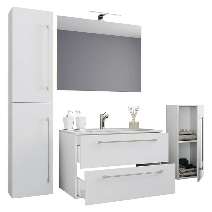 VCM Badinos Badmöbel-Set - 60 cm, Weiß, 5 -tlg. - Modernes Badezimmerset in Weiß mit Waschtisch, Spiegelschrank, Hochschrank und Seitenschrank für ein stilvolles Ambiente.