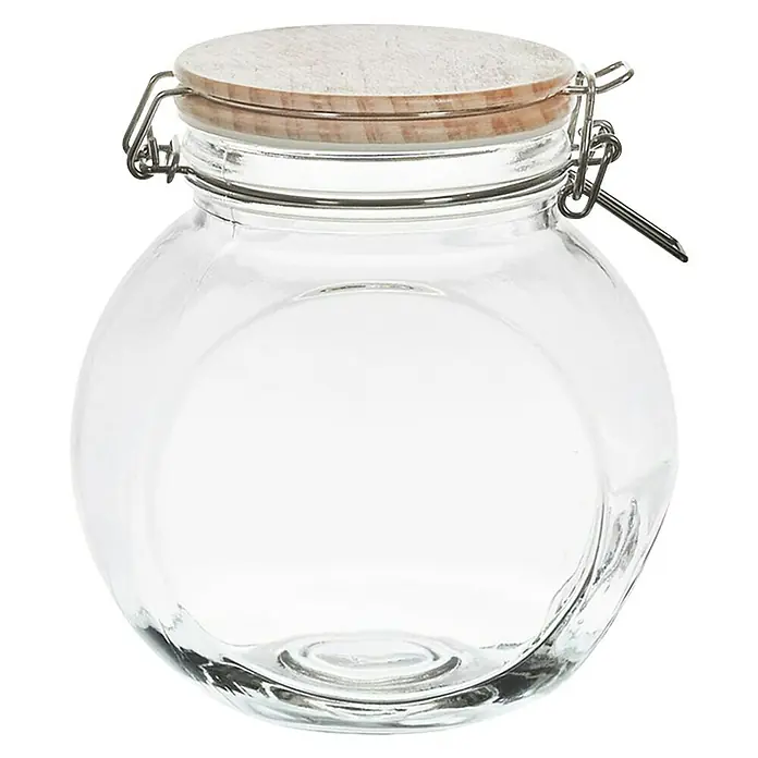 Frasco con cierre mecánico - Vidrio, 1,3 l - Tarro de almacenamiento de vidrio transparente con tapa de madera y cierre de clip, perfecto para guardar alimentos en la cocina.