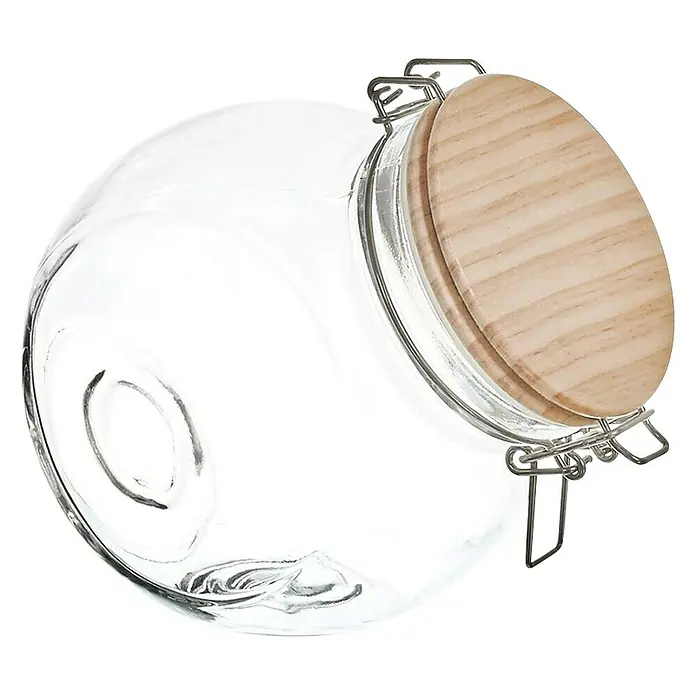 Frasco con cierre mecánico - Vidrio, 1,3 l - Tarro de almacenamiento transparente con tapa de madera y cierre hermético, ideal para alimentos.
