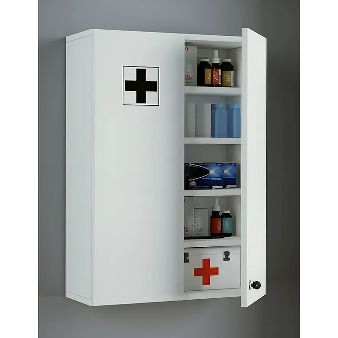VCM Medizinschrank Medasa - L x B x H: 20 x 50 x 70 cm, Weiß - Ein weißer Medizinschrank mit einem roten Kreuz, gefüllt mit Medikamenten. Das Schrank ist an einer grauen Wand montiert.