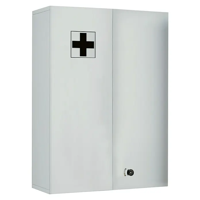 VCM Medizinschrank Medasa - L x B x H: 20 x 50 x 70 cm, Weiß - Ein Erste-Hilfe-Schrank in Weiß mit einem schwarzen Kreuz auf der Tür, zur Aufbewahrung von Verbandsmaterial und Medikamenten.