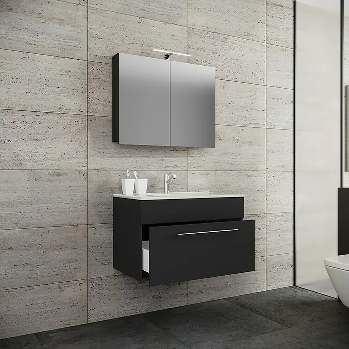 VCM Badinos Badmöbel-Set SPS - 60 cm, Schwarz - Stilvoller Badezimmerschrank in Schwarz mit Spiegel und offenem Schubfach, ideal für moderne Bäder.