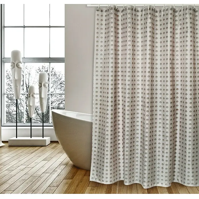 Venus Cortina de baño Camberra - An x Al: 180 x 200 cm, Plástico, Taupe/Gris - Un baño con bañera y una cortina de ducha con un patrón de puntos grises, embelleciendo todo el espacio del baño.