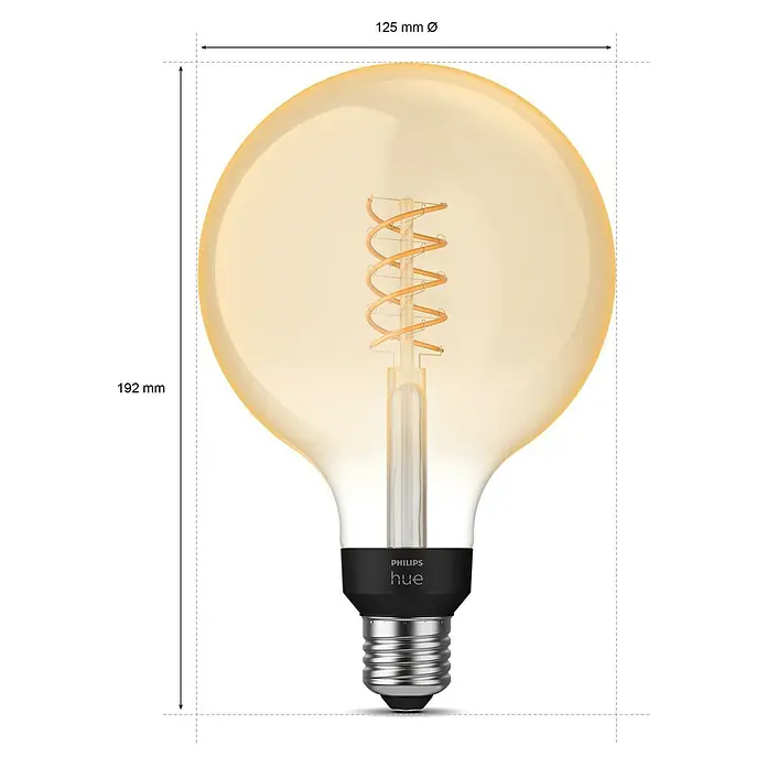 Philips Hue Bombilla LED inteligente Globo gigante - E27, Intensidad regulable, Blanco cálido, 550 lm, 7 W, Denominación de la lámpara: G125 - Imagen de una bombilla de filamento en forma de globo Philips Hue que irradia luz cálida, combinando la estética moderna con funciones inteligentes.