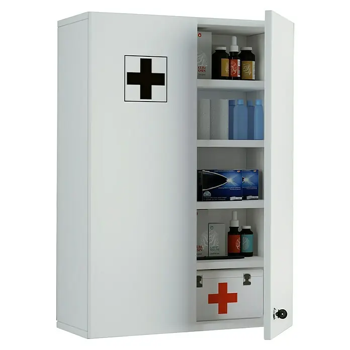VCM Medizinschrank Medasa - L x B x H: 20 x 50 x 70 cm, Weiß - Weißer Medizinschrank mit Erste-Hilfe-Materialien gefüllt, inklusive Medikamente, Bandagen und Desinfektionsmittel für den Notfall.
