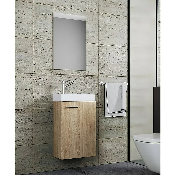 VCM Badmöbel-Set Slito - Gesamtbreite Badmöbel: 41 cm, Sonoma-Eiche, Matt, 3 -tlg. - Modernes Badezimmer-Interieur mit einem hängenden Waschtischunterschrank in Holzoptik, einem Spiegel und einem Handtuchhalter.