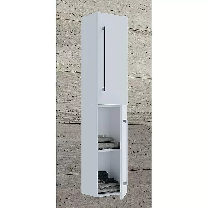 VCM Badinos Hochschrank - 33 x 22 x 150 cm, Weiß - Weißer Wandschrank mit geschlossener oberer und geöffneter unterer Tür, die Regale mit gefalteten Handtüchern zeigt.