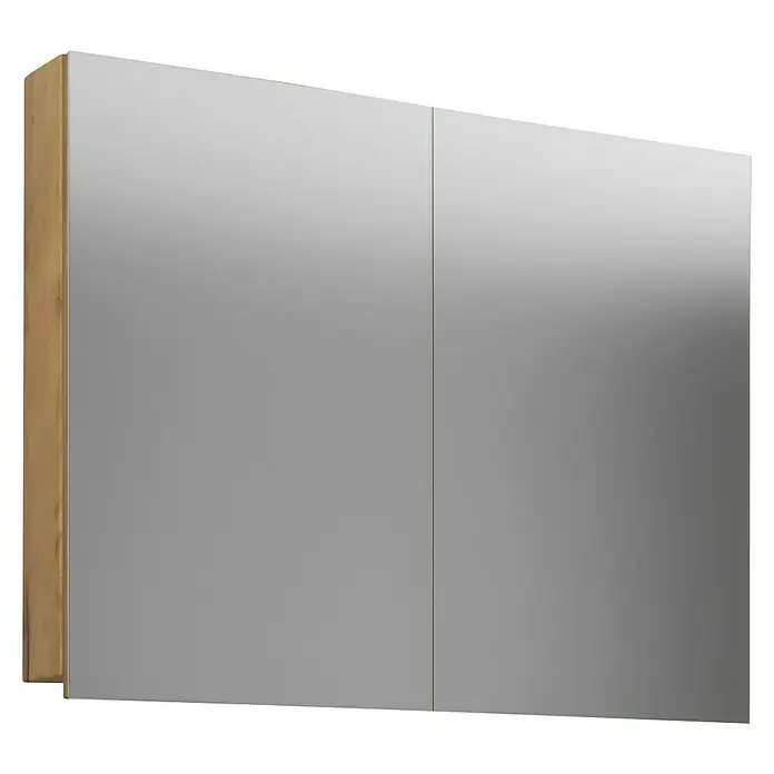 VCM Badinos Spiegelschrank - B x H: 80 x 59,2 cm, Ohne Beleuchtung, Holz, Honig-Eiche - Ein Spiegelschrank mit zwei Türen und einem hellen Holzrahmen. Das reflektierende Glas bietet Funktionalität und ein modernes Aussehen.