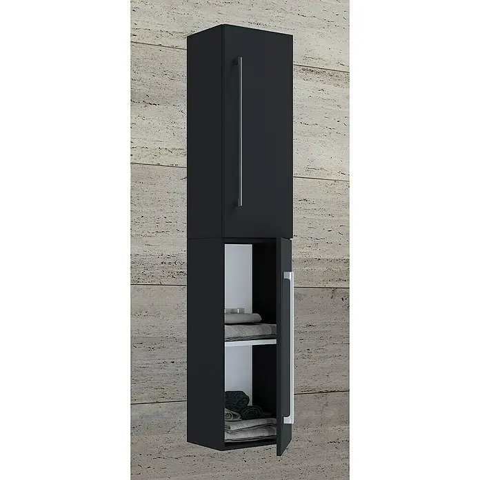VCM Badinos Hochschrank - 33 x 22 x 150 cm, Schwarz - Schwarzer Badezimmerschrank mit Regalen und Handtüchern vor einer strukturierten Wand, der zusätzlichen Stauraum bietet.