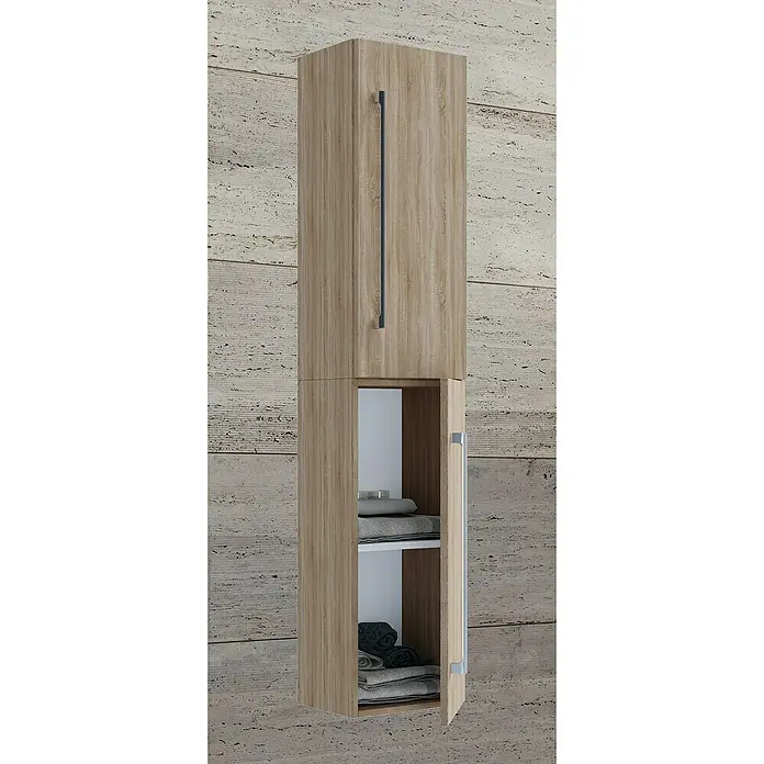 VCM Badinos Hochschrank - 33 x 22 x 150 cm, Sonoma-Eiche - Eine hochformatige Aufnahme eines Holzschranks mit geöffneter unterer Tür, der Handtücher auf weißen Regalen zeigt.