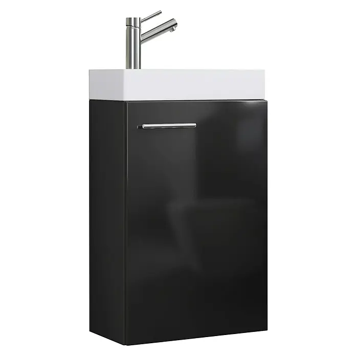 VCM Badmöbel-Set Slito - Gesamtbreite Badmöbel: 40,5 cm, Schwarz, Glänzend, 2 -tlg. - Diese Aufnahme zeigt einen modernen Waschtischunterschrank mit einem eleganten, schwarzen Design und einer Armatur. Das Produkt wirkt stilvoll.