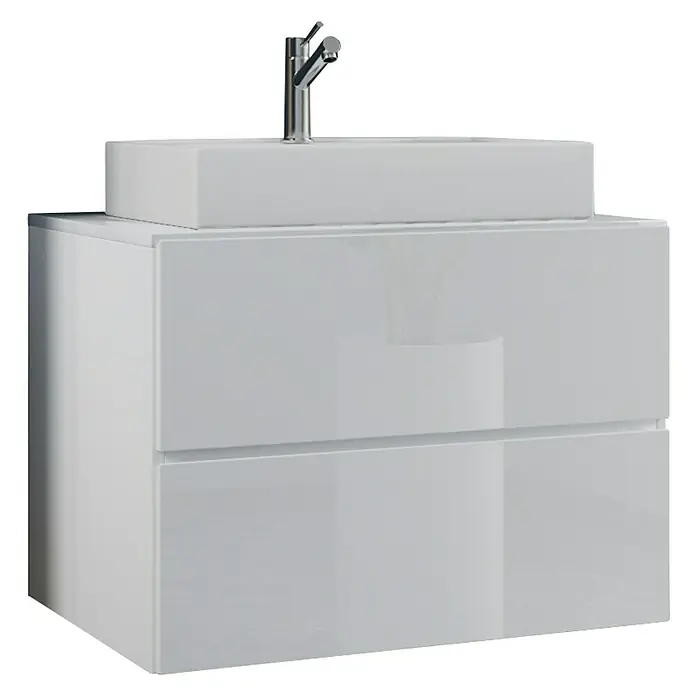 VCM Lendas Badmöbel-Set - 81 cm, Weiß - Modernes, glänzend weißes Badezimmer-Waschbecken mit zwei Schubladen und Chromarmatur. Elegantes Design für jedes Badezimmer.