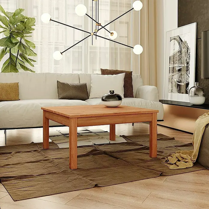 Krok Wood Couchtisch Tomas75 x 50 x 45 cm, Buche - Ein stilvoller Wohnraum mit einem quadratischen Couchtisch aus Holz als zentralem Blickfang.