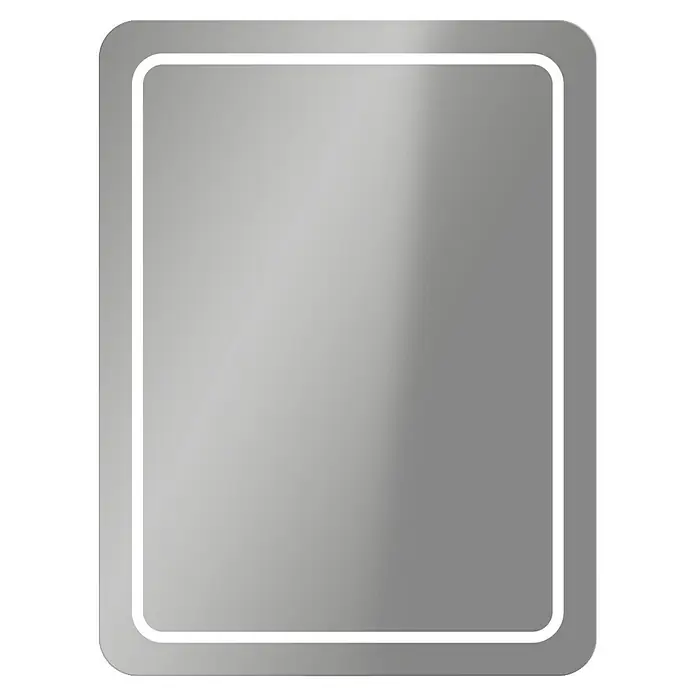 Camargue Espejo con luz Kea Eco - 60 x 80 cm, Plata - Tarjeta plateada con esquinas redondeadas y borde blanco. El diseño es minimalista y elegante, ideal para diversas aplicaciones.